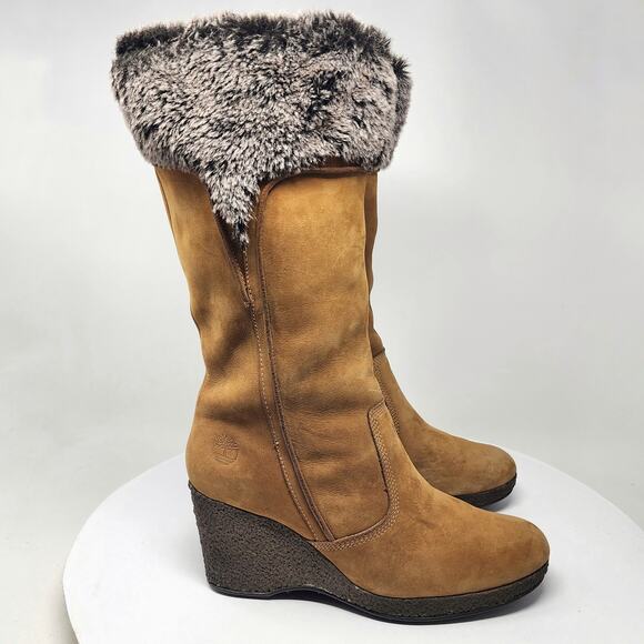 Timberland Monogram Tall Boot Women 8M Tan Wheat Suede Faux Fur Trim Wedge 86334 - Picture 2 of 12